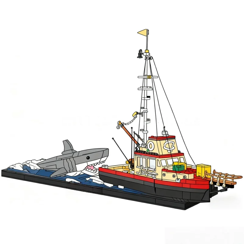 

1497PCS creative series Great White shark boat type, home decoration, children's birthday Christmas gifts, construction toys