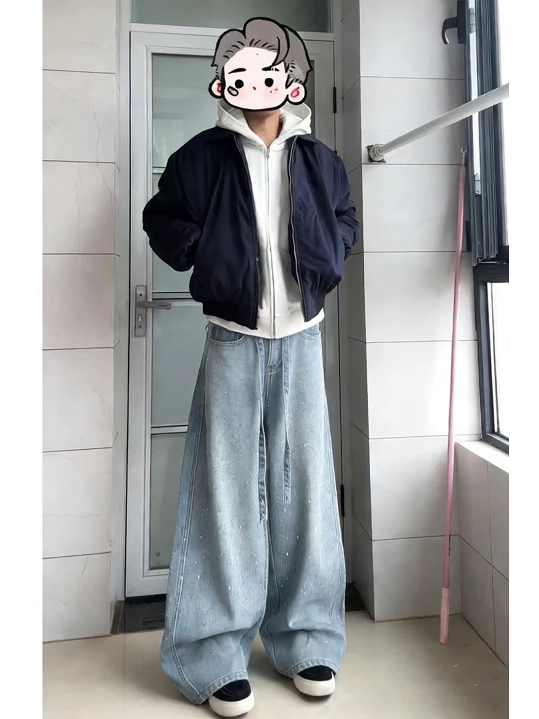 

Мужские широкие джинсы Light Wa с высокой талией, украшенные стразами, повседневные брюки прямого кроя для ежедневной носки