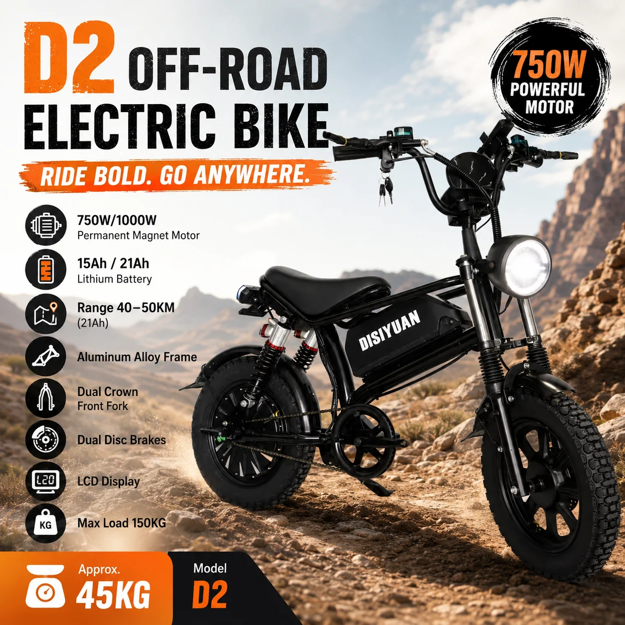 D2 Long-Range Electric Bike for Mountain Trails and Outdoor Riding, 1000W Motor, 21Ah Battery, Dual Disc Brakes and LCD Meter