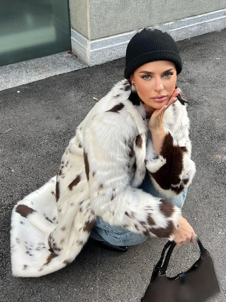 HH Woman Warm Thick Casual Animal Print Faux Fur Long Coats Women Winter Elegant Long Sleeve Lapel Single Breasted Jackets