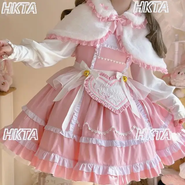 귀여운 로리타 숏 자켓 여성용 스윗 큐트 만화 가을 신상 인형 칼라 레이스 리본 핑크 울 케이프 코트