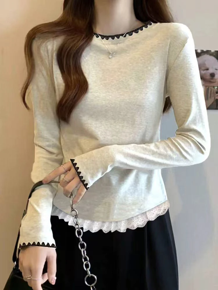 

Женская футболка Slim Fit с длинным рукавом и круглым вырезом, в корейском стиле, для ранней осени, с цветочным принтом, модный топ