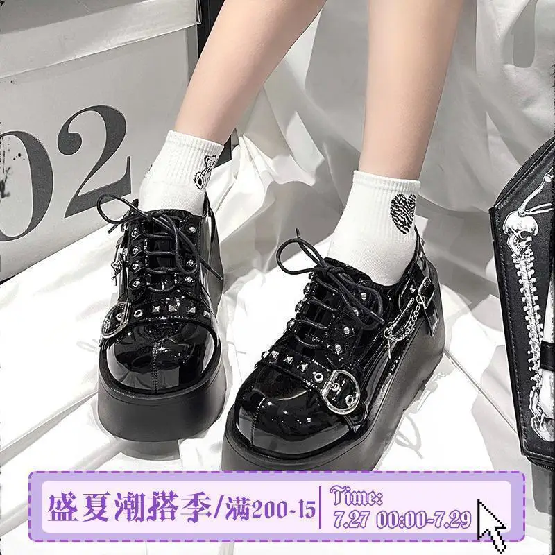 Transfer Student Shoes Taboo Girl's Shoes PU Thick Soled Shoes Waterproof Shoes Round Toe Lolita Shoes Hot Punk Platform Shoes