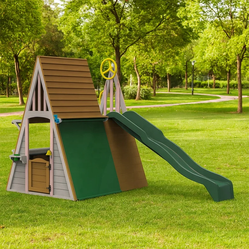 Kids Outdoor Playground Equipment Triangle Montessori Wooden Castle Playhouse Slides Climbing Frame Amusing Recreation