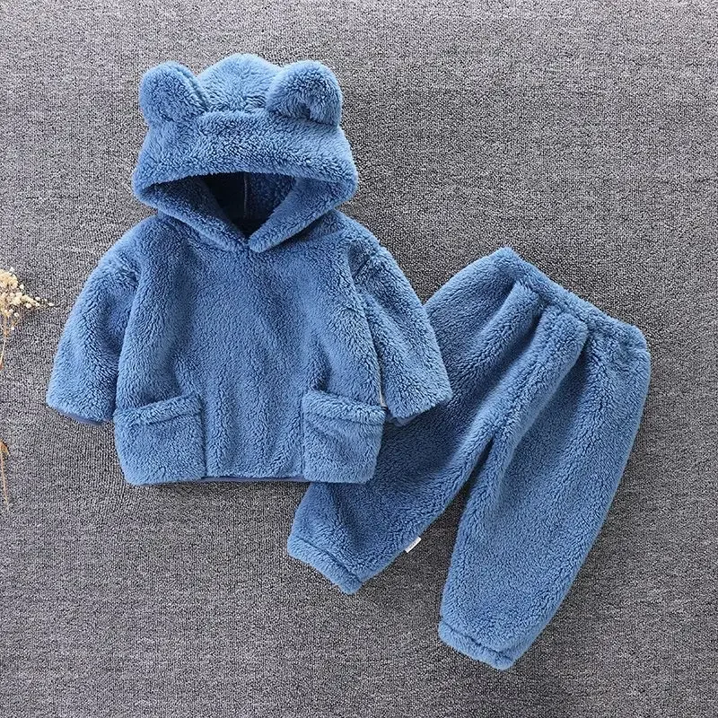 1-6Y Children\'s Suit Autumn Winter Flannel Baby Clothes Solid Color Hooded Long-sleeved Top + Trousers 2-piece Set Loungewear