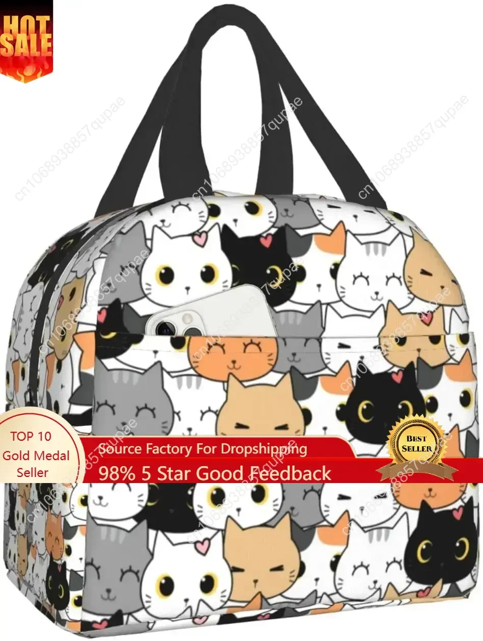 

Cute Cat Prints Lunch Bag Thermal Lunch Bag with Spacious Compartment Built-In Handle Portable Lunch Bag for Women Boys Girls