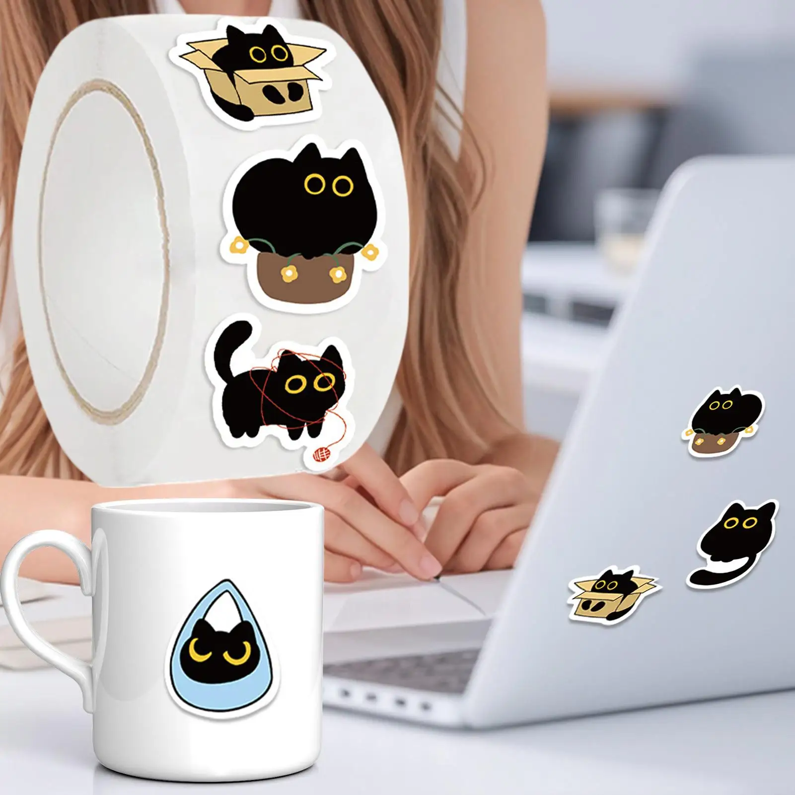 Cat Stickers Roll Funny Cartoon Black Kitten Laptop Stickers 500 Sheet/Roll Aesthetic Cat Decals For Scrapbooking Journal