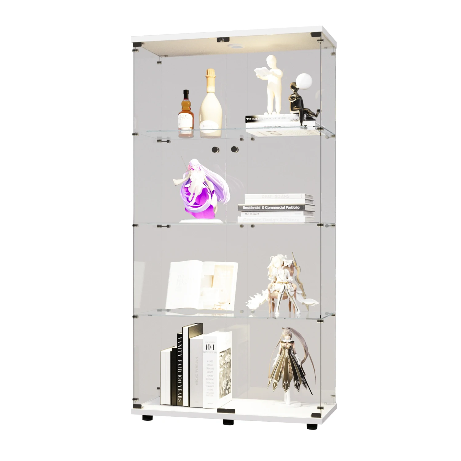 Two-door LED lights Glass Display Cabinet 4 Shelves, Floor Standing Curio Bookshelf, Living Room Bedroom Office Furniture, 64.7"