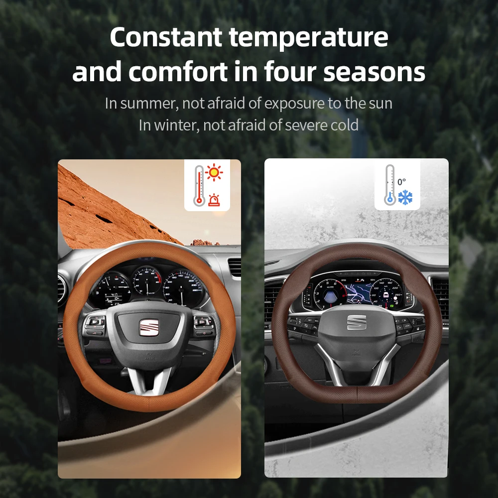 Suitable for Seat Ultra-Thin Breathable Leather Steering Wheel Covers for Models Such as Ibiza, Arona, Leon, Leon Sportstourer, Ateca, Etc., in Black, Red, Brown, and Mocha Colors, D-Shaped and Round Shapes Available