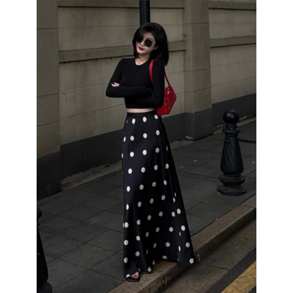 

Acetate Satin Black Polka Dot Half Skirt Women Summer Thin A-Line Mid-Length Fish Tail Skirt Ice Silk Beach Skirts