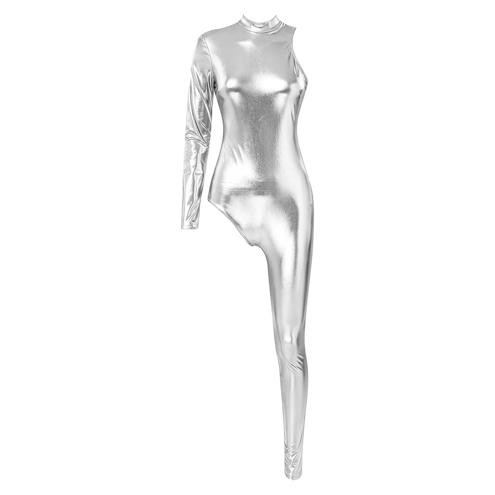 Mono de Jazz Metálico Asimétrico para Mujer, Manga Larga, Brillante y Elegante, Ropa de Fiesta para Club Nocturno y Rave, Baile en Barra