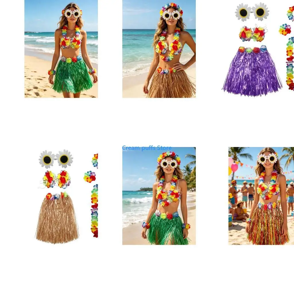 50LE Party Costume Set With Travel Grass Skirt, Floral Accessories and Beach Dance Outfit for Group Event