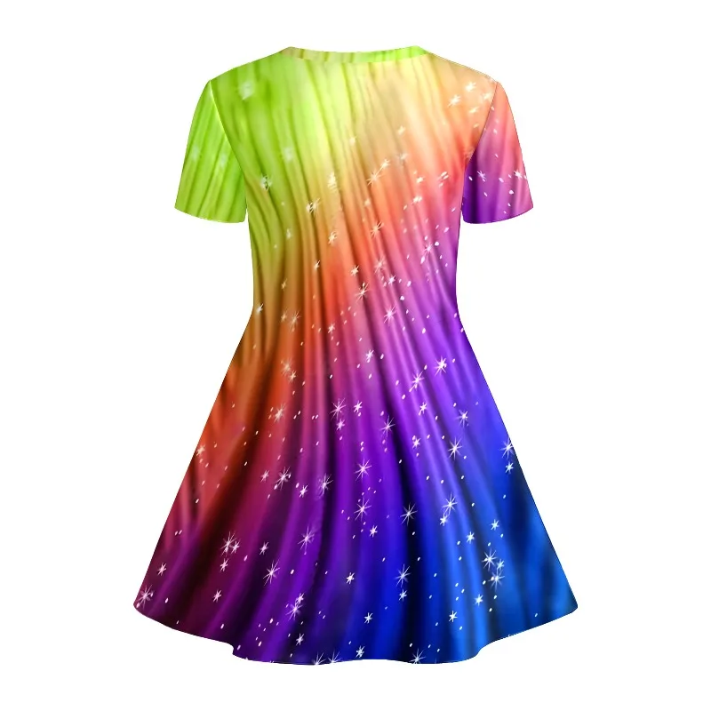 Little Girls Gentle Sweet Bright Cute Dreamy Cartoon Print Summer Swing Dress Short Sleeve Kids Casual Daily Dress
