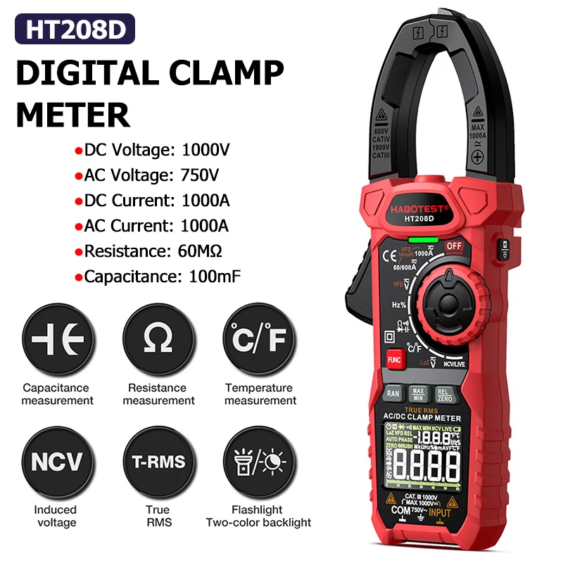 HT208D Digital Clamp Meter 1000A AC DC Current Two color Backlight True RMS Capacitance Temperature NCV Clamp Voltage Tester