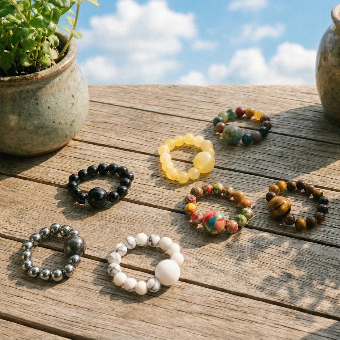 7pcs Natural Stone Beads Ring Set Handmade Elastic Simple Versatile Jewelry Christmas Gifts