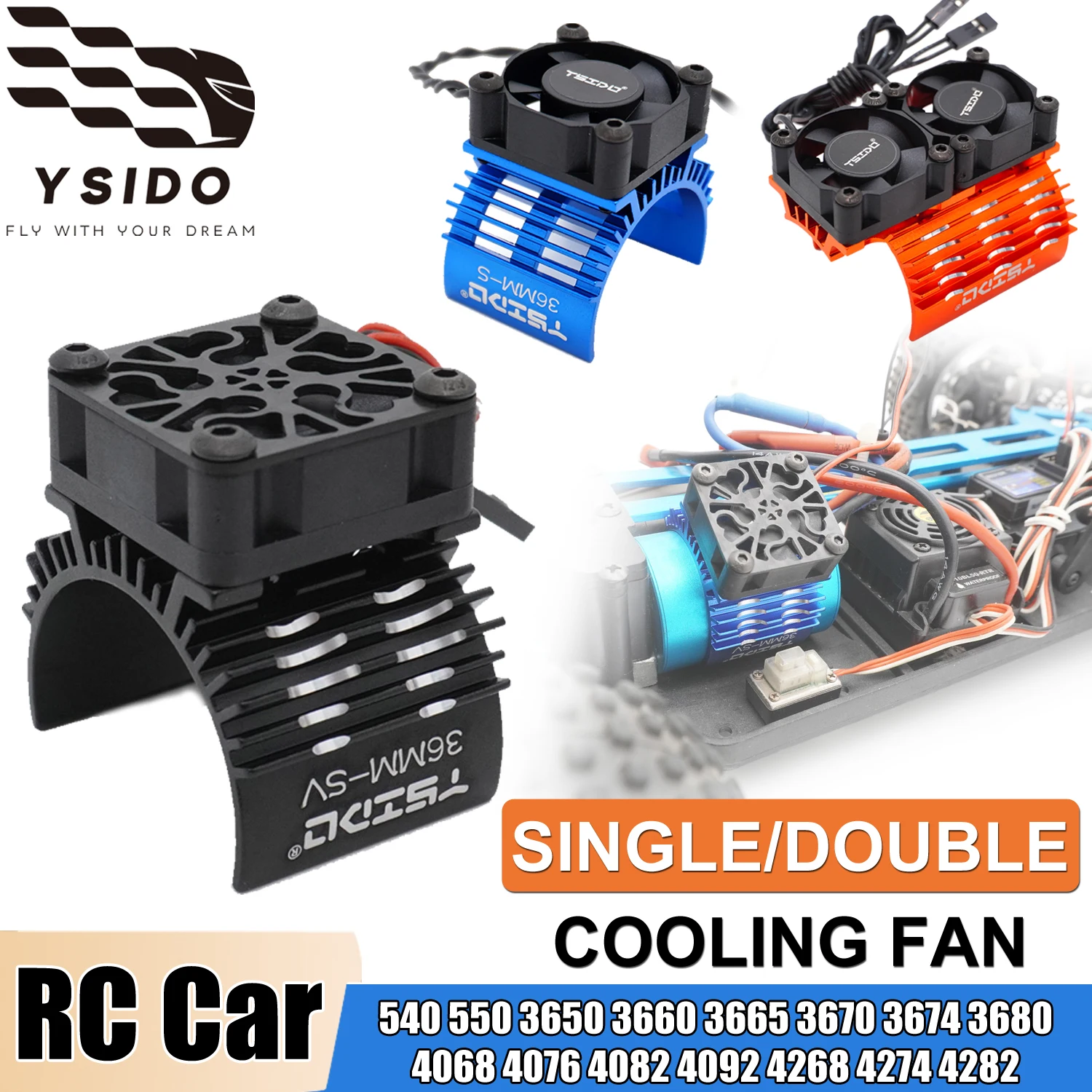 

YSIDO 30/36/40-42mm RC Motor Heatsink Single/Double Cooling Fan for 1/7 1/8 1/10 1/12 540 550 3650 3660 4068 4082 Motor RC Cars
