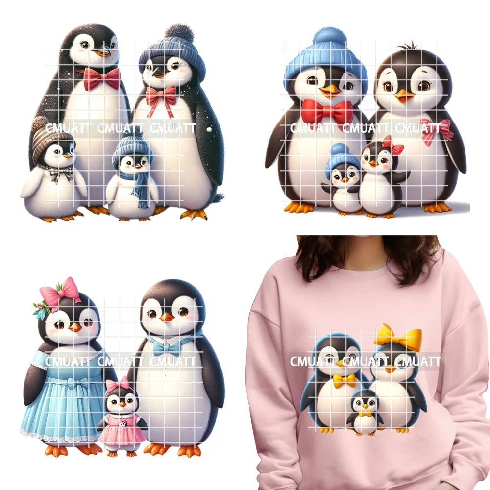 Animal de dibujos animados pingüino coqueta sombrero familia mamá padre bebé amantes planchar en DTF pegatinas de transferencia de calor listas para presionar para textiles