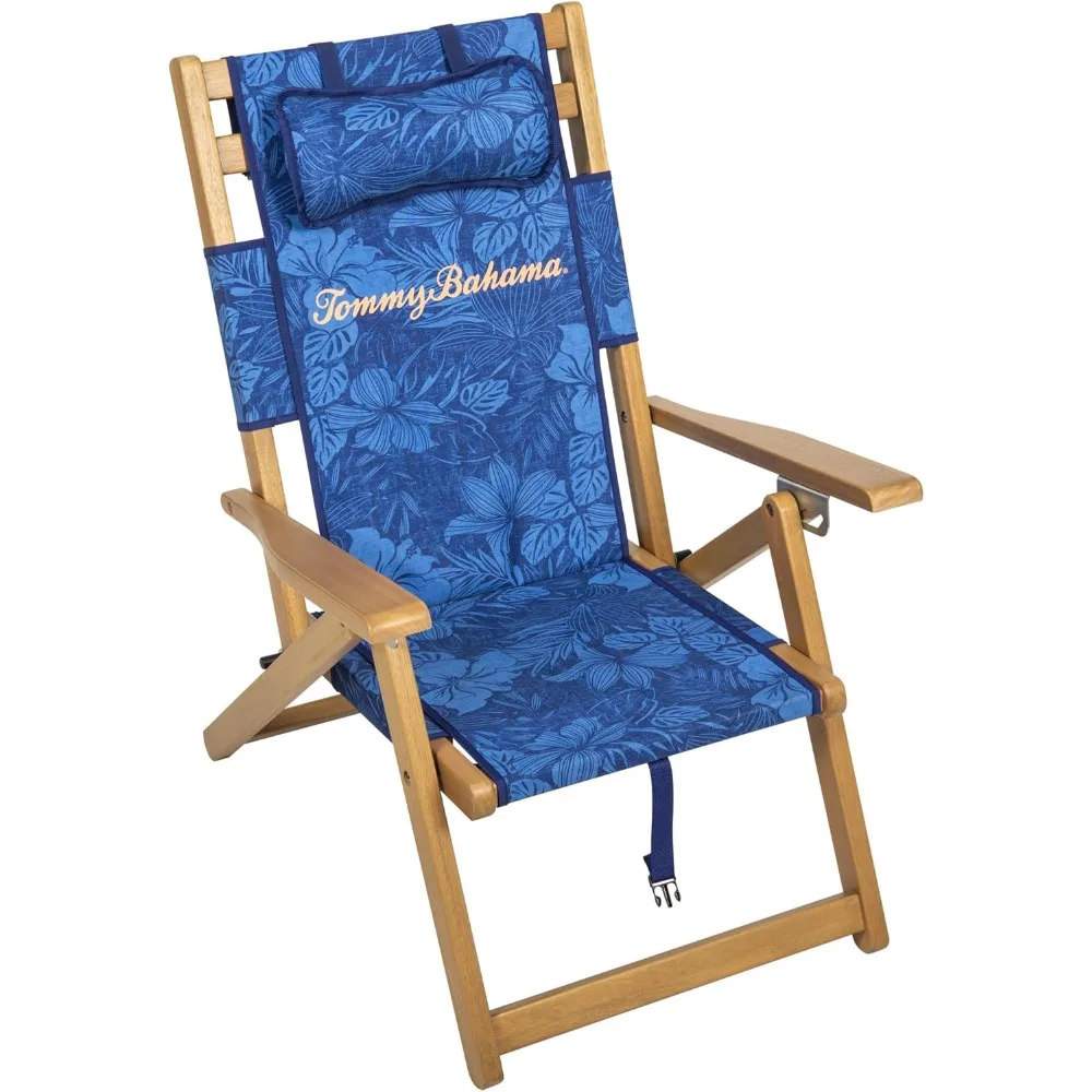 

3-position folding beach chair with pillow and zippered storage pouch, portable reclining outdoor chair with premium eucalyptus