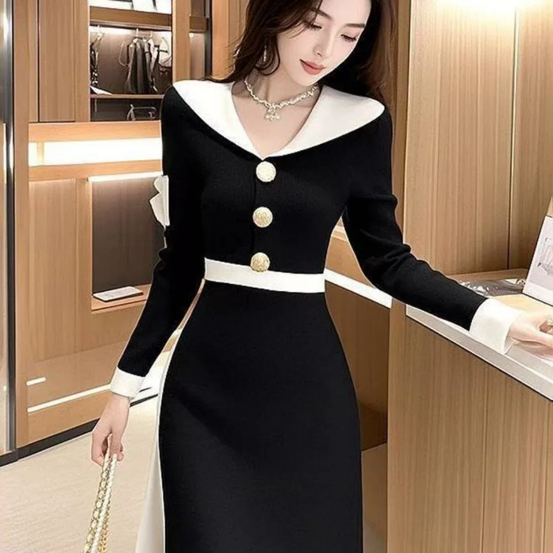 RAIN YAN LIN Autumn New Black Elegant Dress Women's Fashion V-Neck Long Sleeve Slim Midi Dress Casual Beautiful Dresses