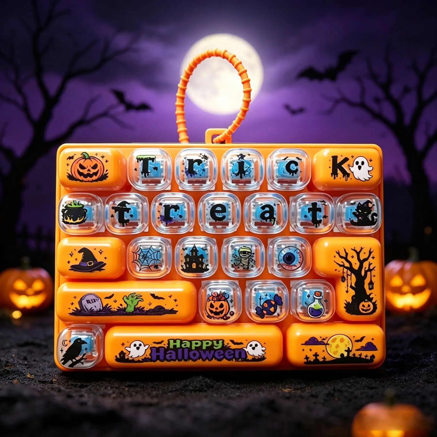 26 Keys Halloween Keyboard Key Charm Fidget Button Anti-stress Keycap Clicker Keyring Bag Charm Decoration Craft Gift