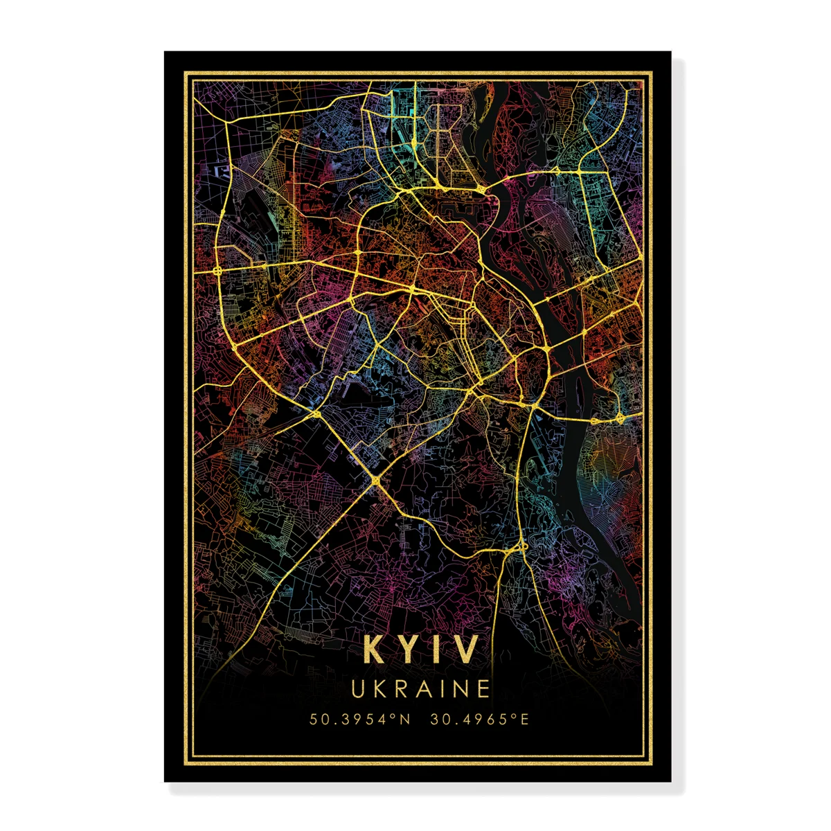 Kyiv GOLD ROADS Rainbow City Map Print Ukraine Poster Canvas Wall Art Black Pictures for Living Room