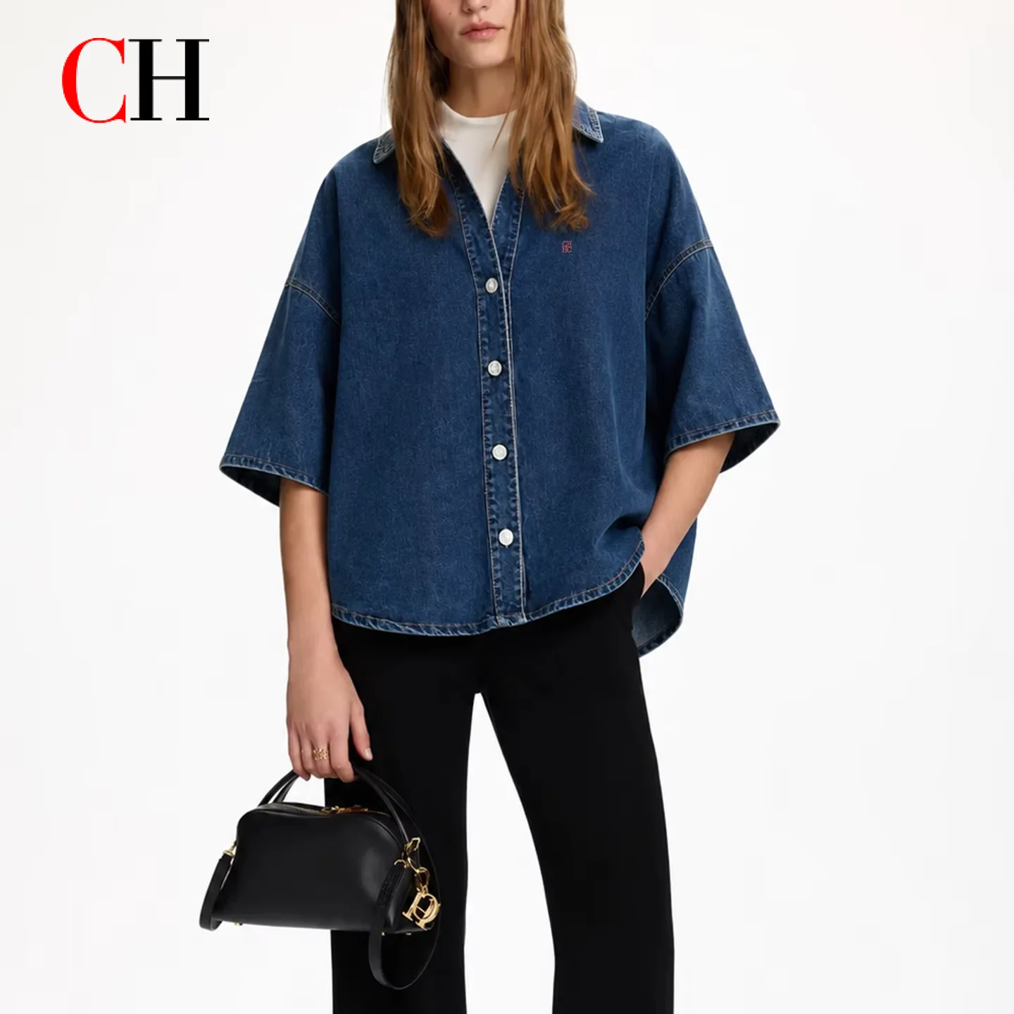 CH Letter Embroidered Solid Color Denim Three Quarter Sleeve Shirt Women Point Collar Oversized Fit Cool Edgy Style Casual Tops