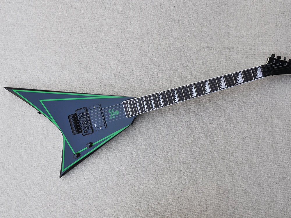 

Black 6 Strings V Electric Guitar with Tremolo Bar,Green Binding,Rosewood Fretboard,Customizable