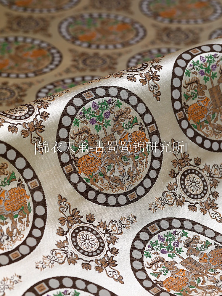 100%silk   Central Asian Silk Road  Tang Dynasty  Historical Restoration of Silk Brocade Jacquard Fabric to Deer Pattern Brocade