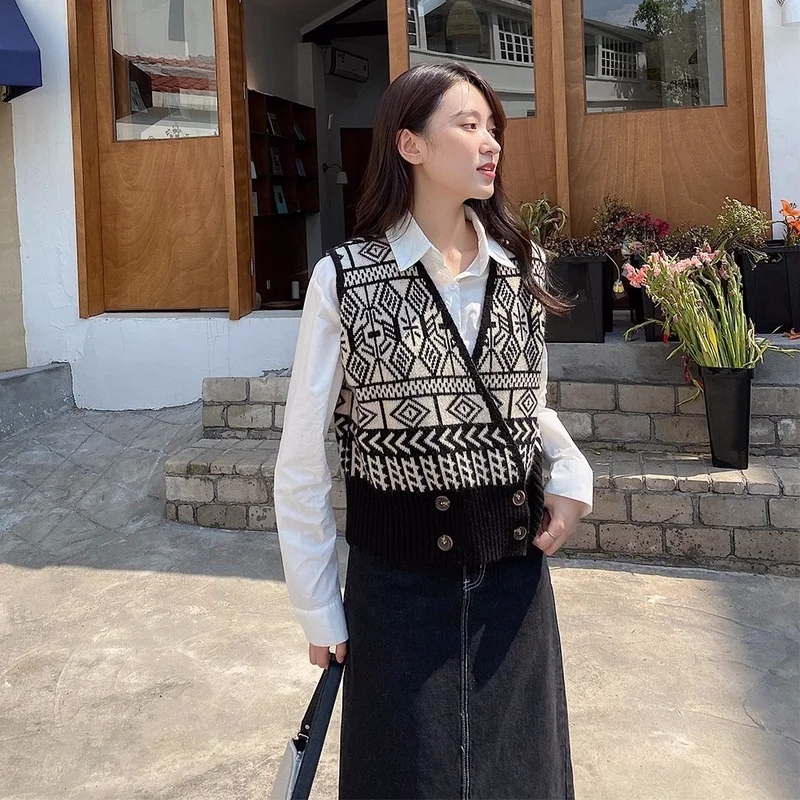 

Slap knitted horse clip women's outer sleeveless diamond cardigan jacket autumn and winter jacquard sweater vest clothing