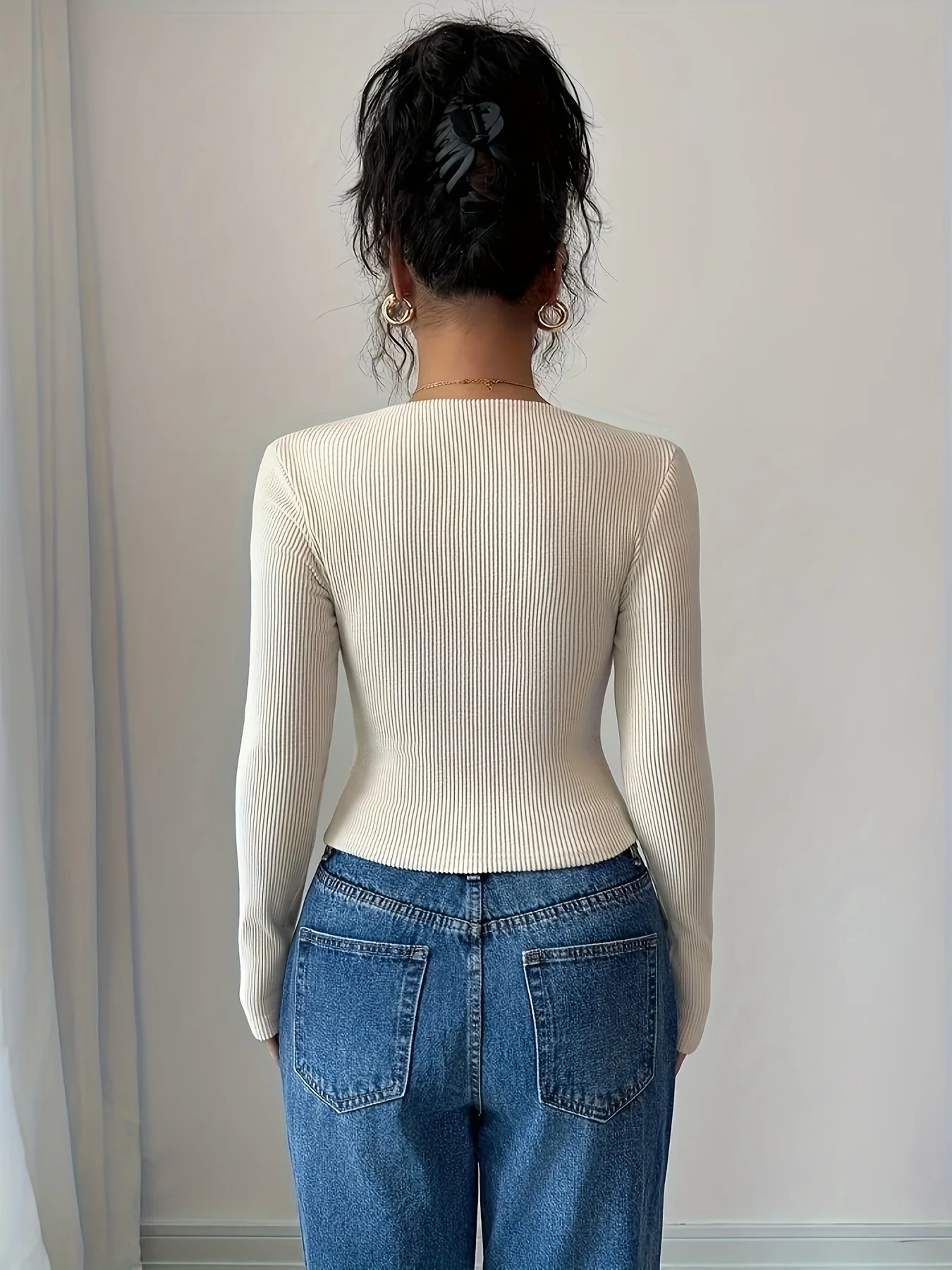 Elegant Directed Women's Autumn Winter Knitted Solid Color Asymmetrical Neck Long Sleeve Pleated Slim Fit Elegant T-Shirt