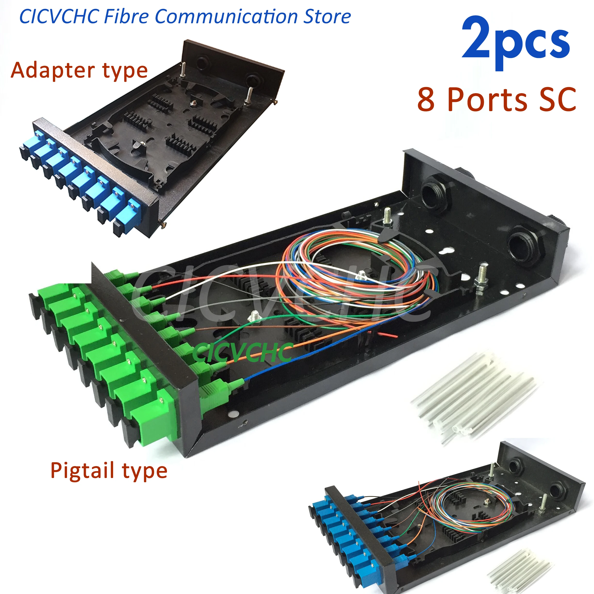 2 шт. оптоволоконная клеммная коробка с 8-портовым адаптером SC или косичкой и двумя кабельными вводами для кабеля диаметром от 5 до 10 мм