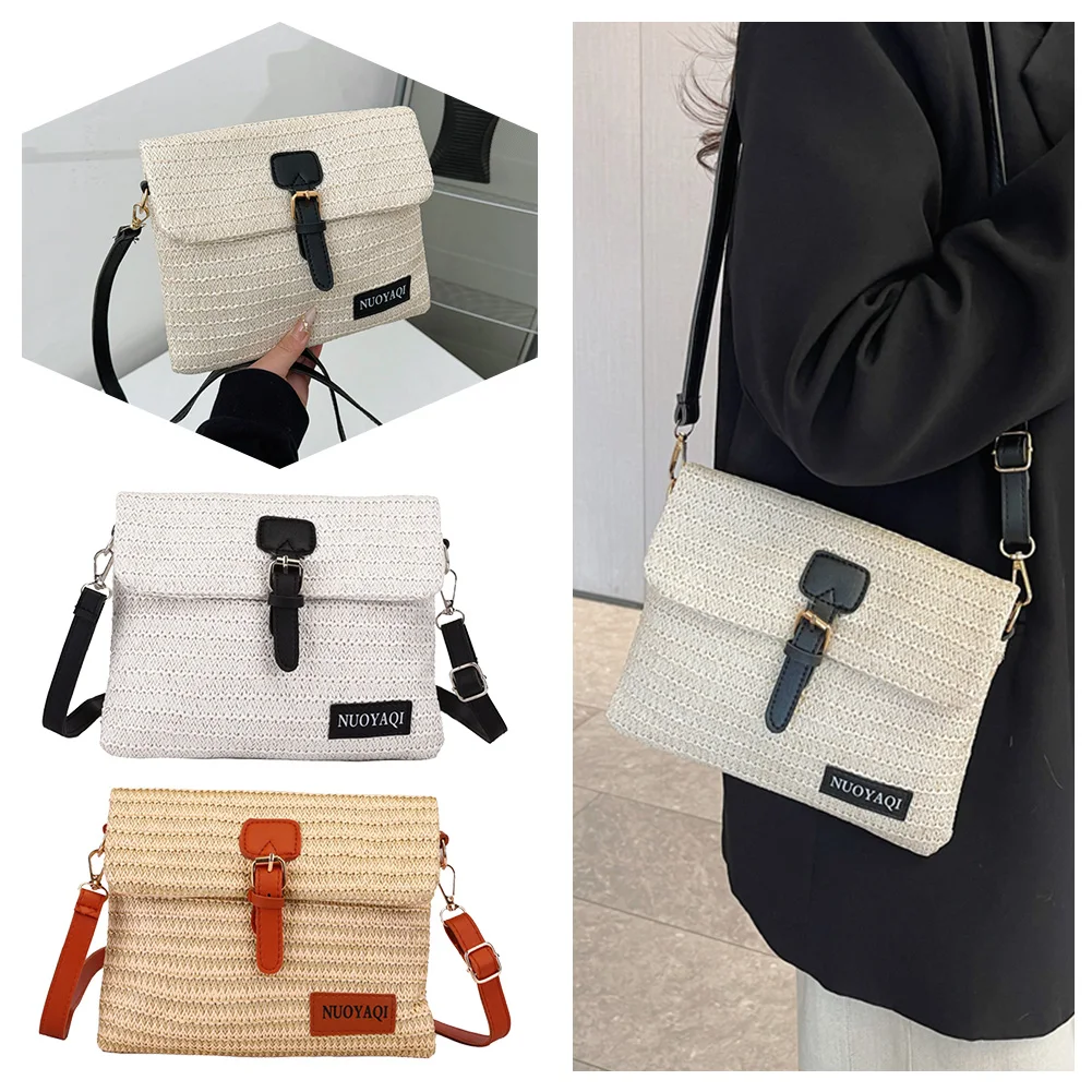 Female Stylish Knit Shoulder Bag PU Leather Straw Crossbody Bag Wear Resist Messenger Bag Travel Working Commute Bag