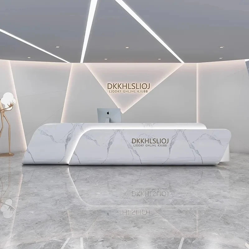 custom.Custom Modern Design Luxury Curved Reception Desk Commercial Office Wooden Front Checkout Counter Customer Service Re
