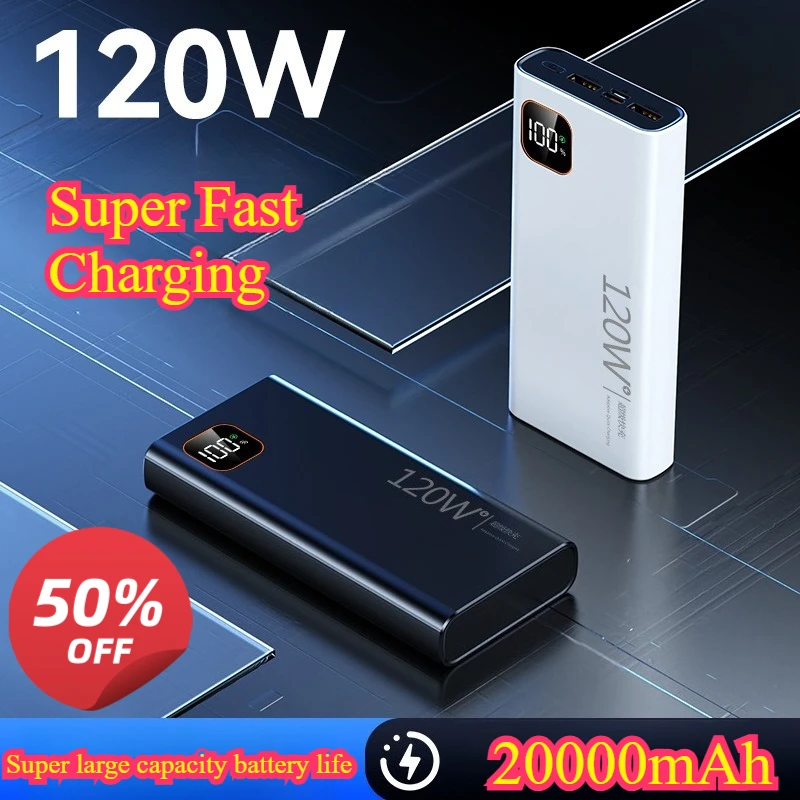 120W Power Bank 20000mAh  Fast Charging Digital Display Portable External Battery for iPhone Series Xiaomi Samsung