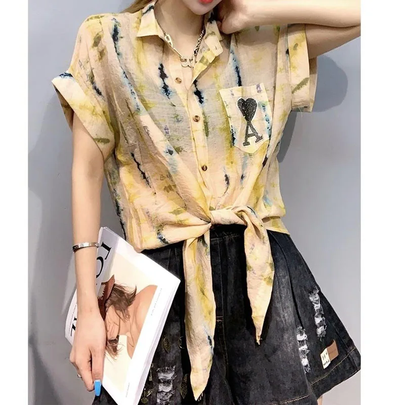 Vintage Popularity Short Sleeve Printed Blouse for Women 2023 Summer Fashion Casual Polo-Neck Temperament Button Shirt Female