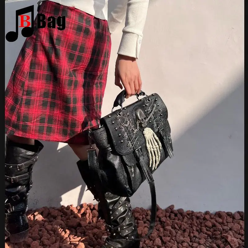 Gothic Lolita JK Harajuku Women Girl Punk One Shoulder Bags Handbag Y2K Rivet Chain Handheld High-end Skull Crossbody Bags Tote