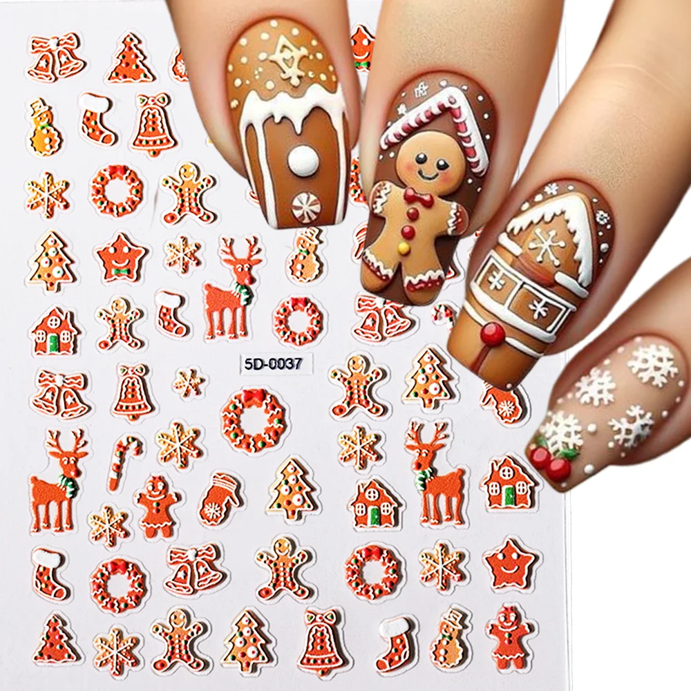 1Pc Christmas Gingerbread Man 3D Nail Stickers Cartoon Snowman Snowflake Penguins Sliders Decals Winter New Year DIY Decorations