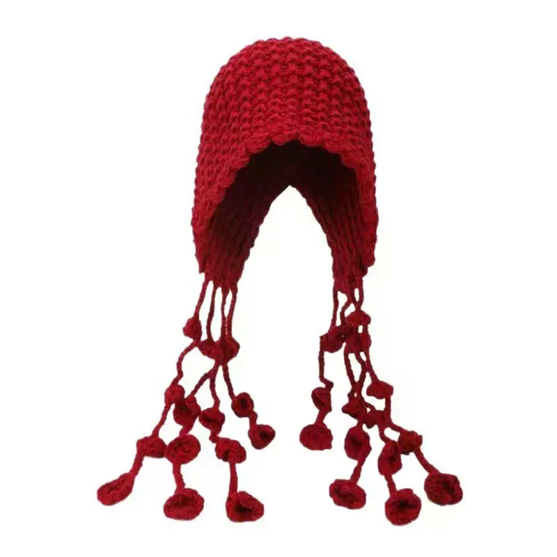 หมวกไหมพรมถักมือสำหรับฤดูใบไม้ร่วงและฤดูหนาว หมวกทรงถุงแบบโปร่ง สไตล์ชาติพันธุ์สำหรับผู้หญิง พร้อมพู่ห้อยปิดหู