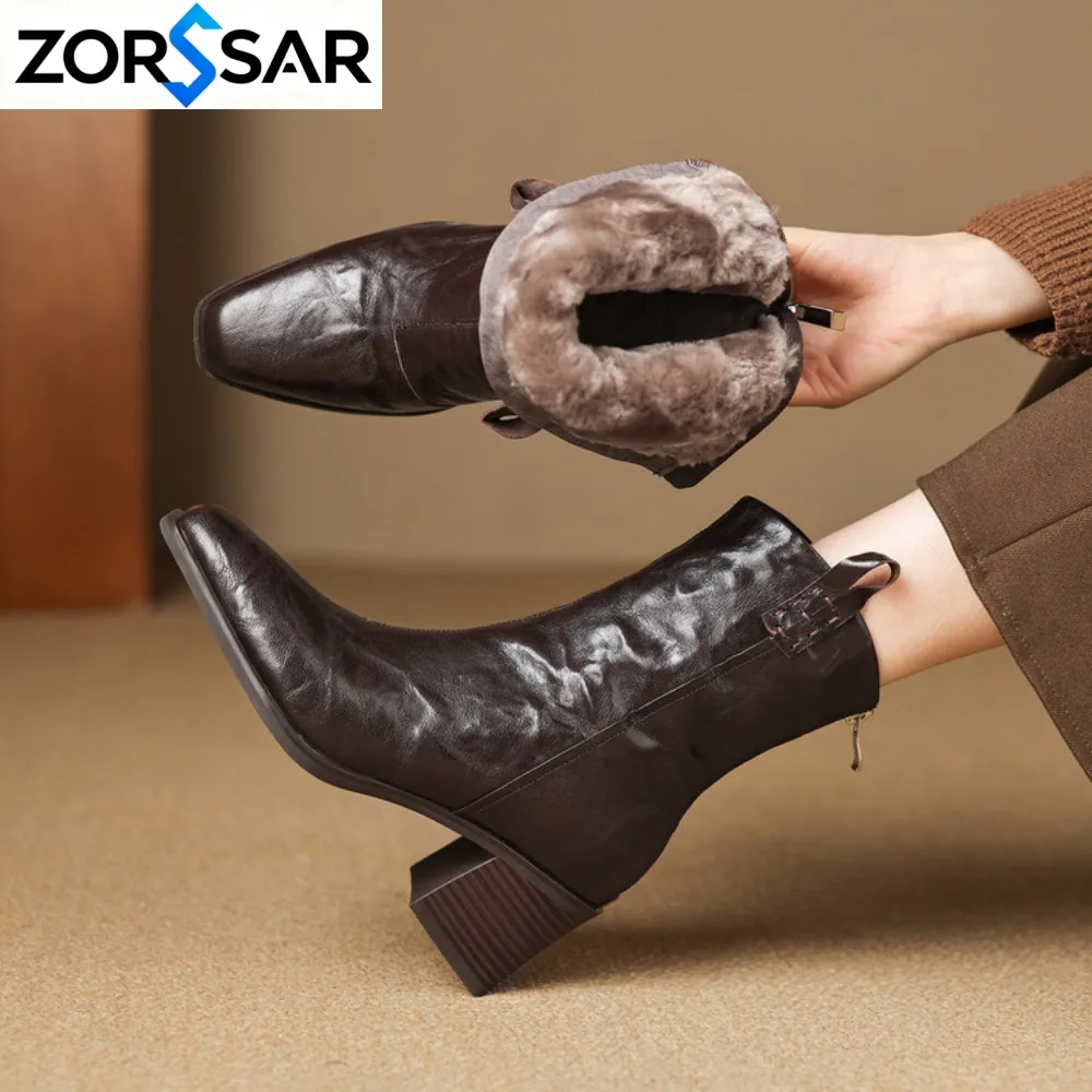 2026 New Handmade Genuine Leather Boots Women Zipper Chunky High Heels Ankle Boots Nature Wool Warm Winter Snow Boots
