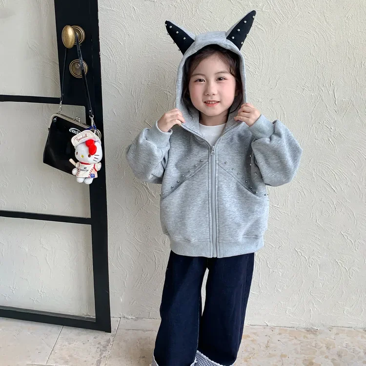 Girls' Gray Zip - Up Sweatshirt, High - Neck Casual Pullover, Casual Kids' Jacket for Autumn And Winter, Fashionable Outerwear