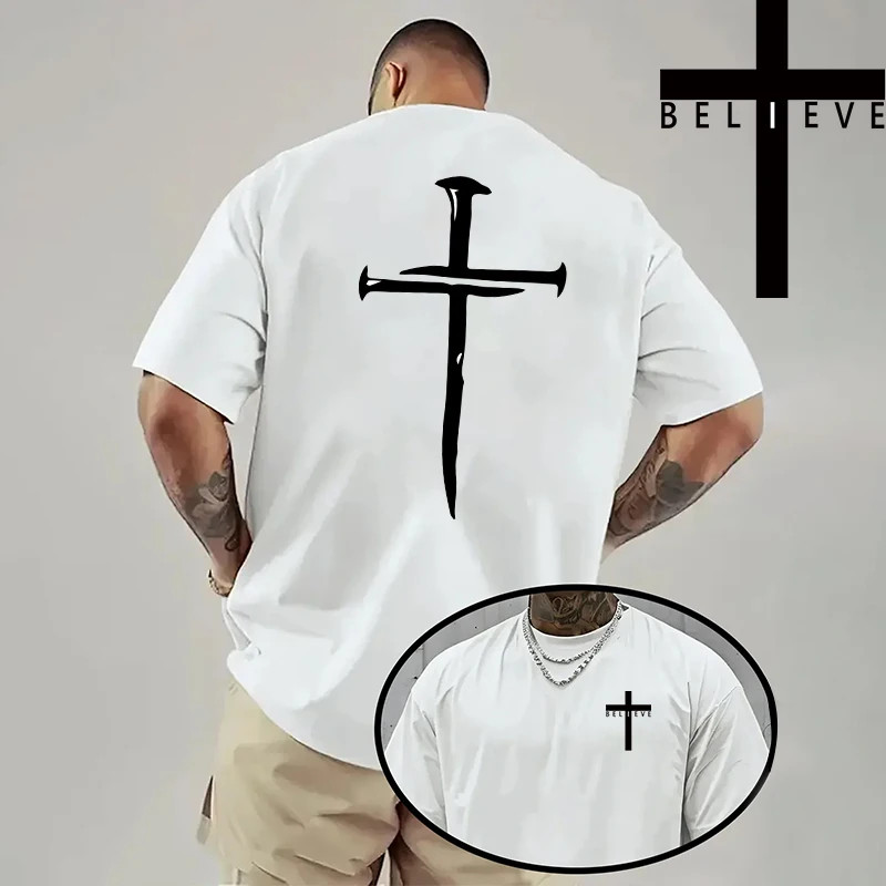 Frühling Sommer Täglich Casual Mode Jesus Kreuz Baumwolle Tees Christus Drucken T-shirt Männer Hohe Qualität Reine Farbe Kurzarm Top – Detail 13