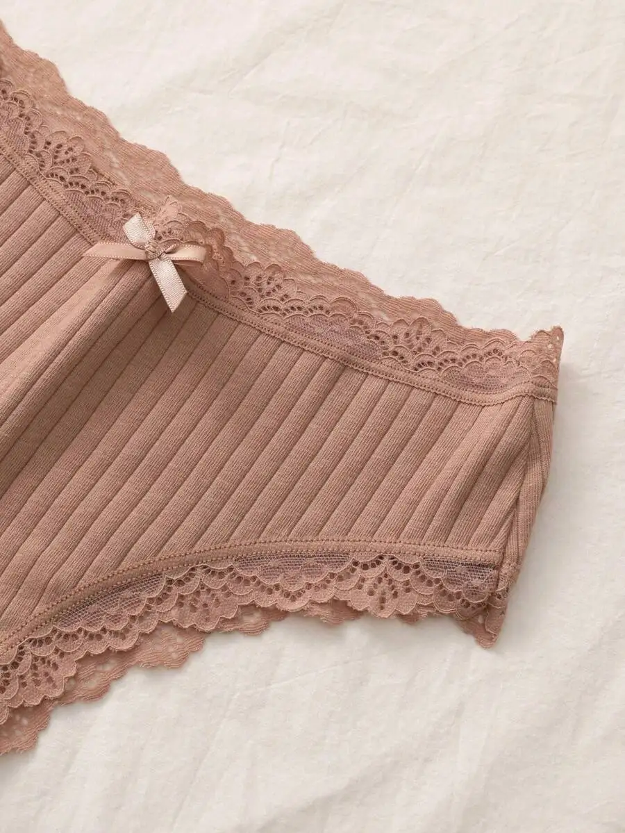 

7pcs Comfortable Ribbed Cotton Lace Womens Panties With Bow Decoration