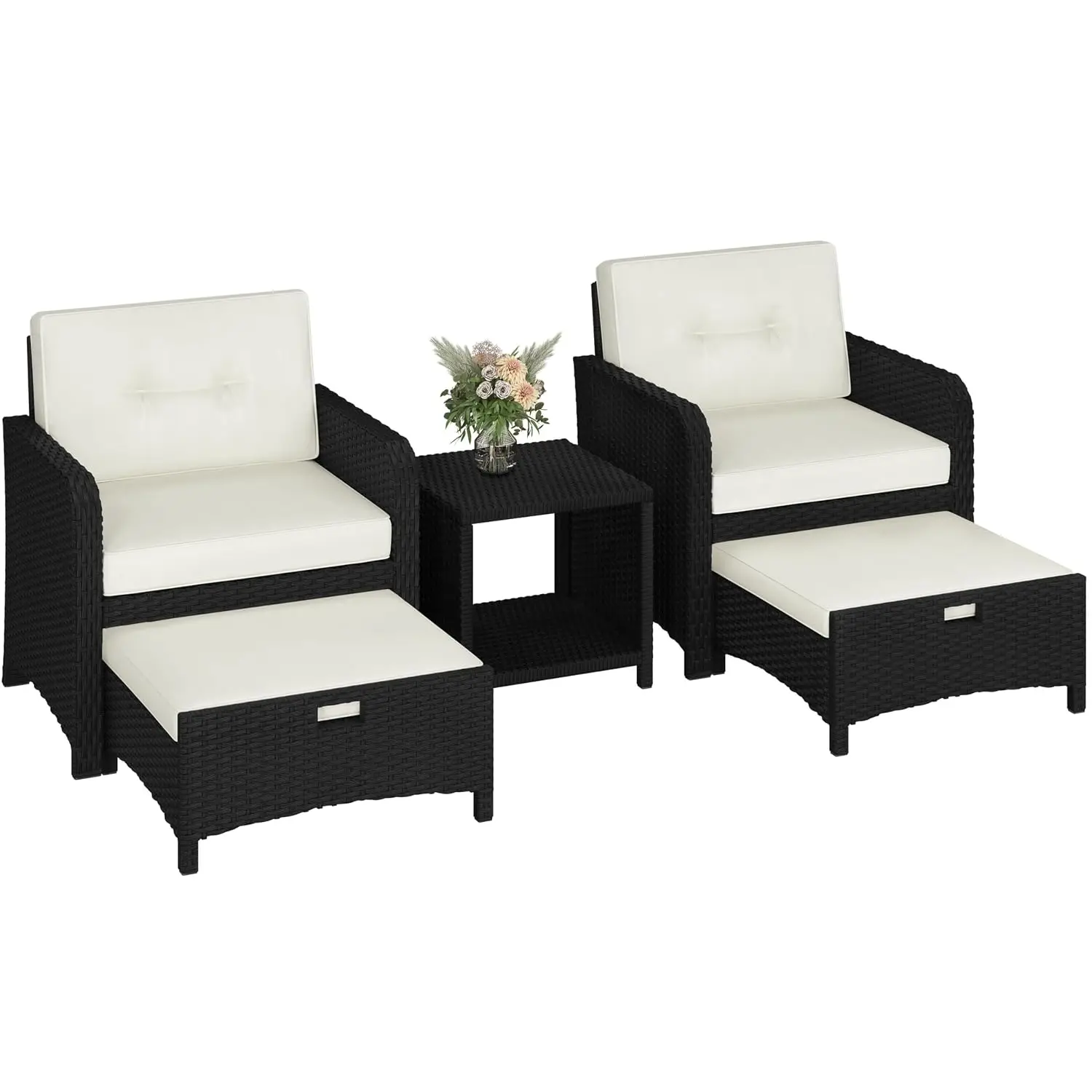 5-Piece Wicker Patio Set with Sofa, 2 Chairs, Ottomans, Table, Cushions for Backyard, Porch, Balcony, Black/Beige, Customized