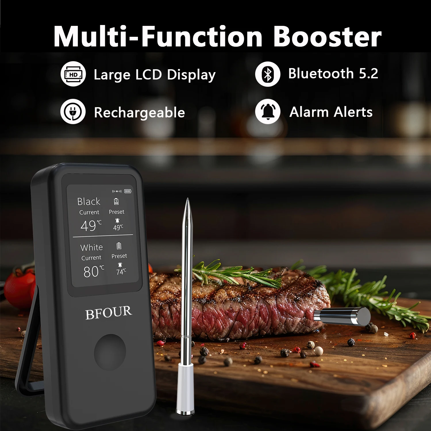 

BF-60 беспроводной Bluetooth термометр для мяса IP67 водонепроницаемые зонды усилитель ЖК-экрана перезаряжаемый для гриля курильщик печь для барбекю