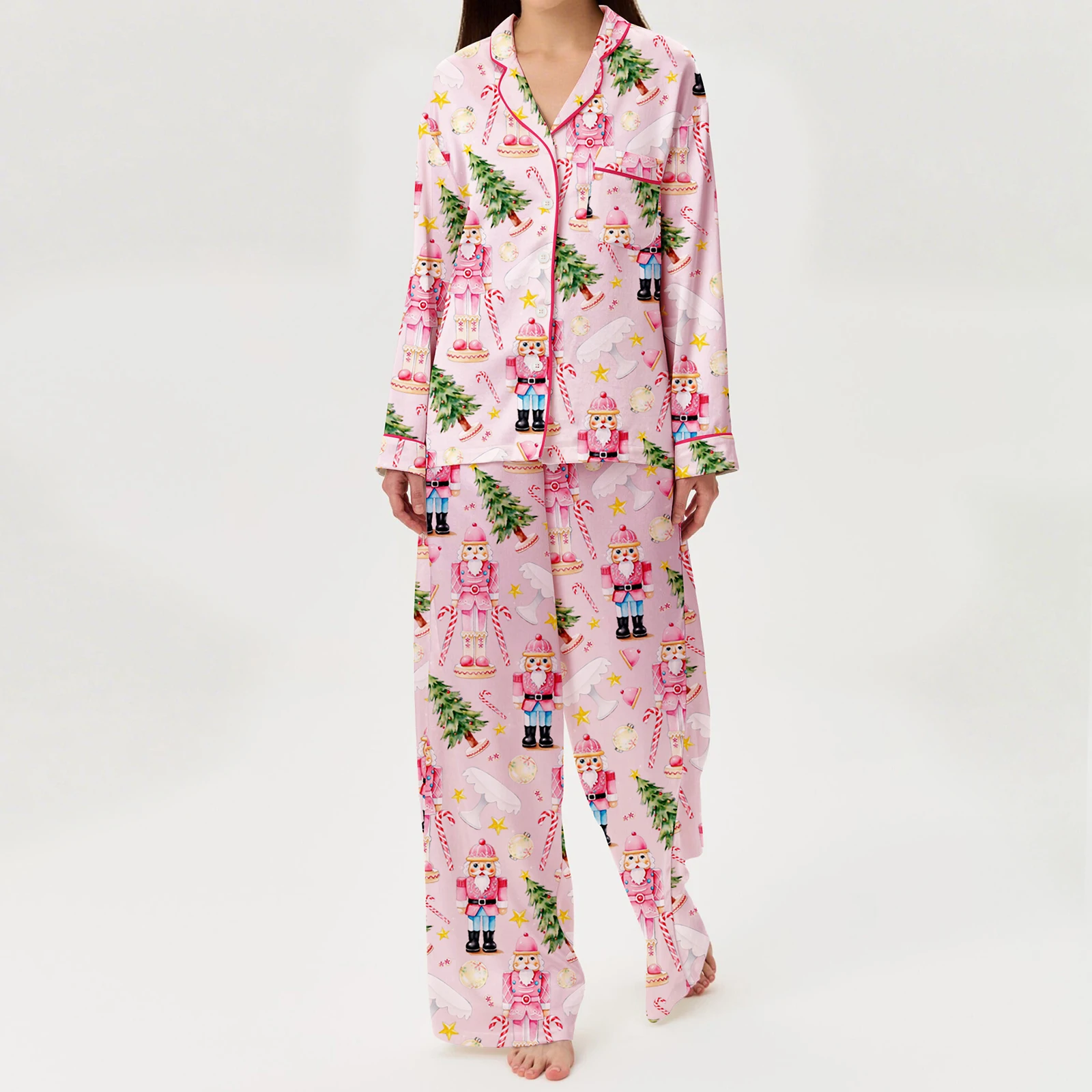 Comfort Women Christmas Pajama Set, Santa Claus Print Long Sleeve Shirt with Pants Sleepwear Loungewear