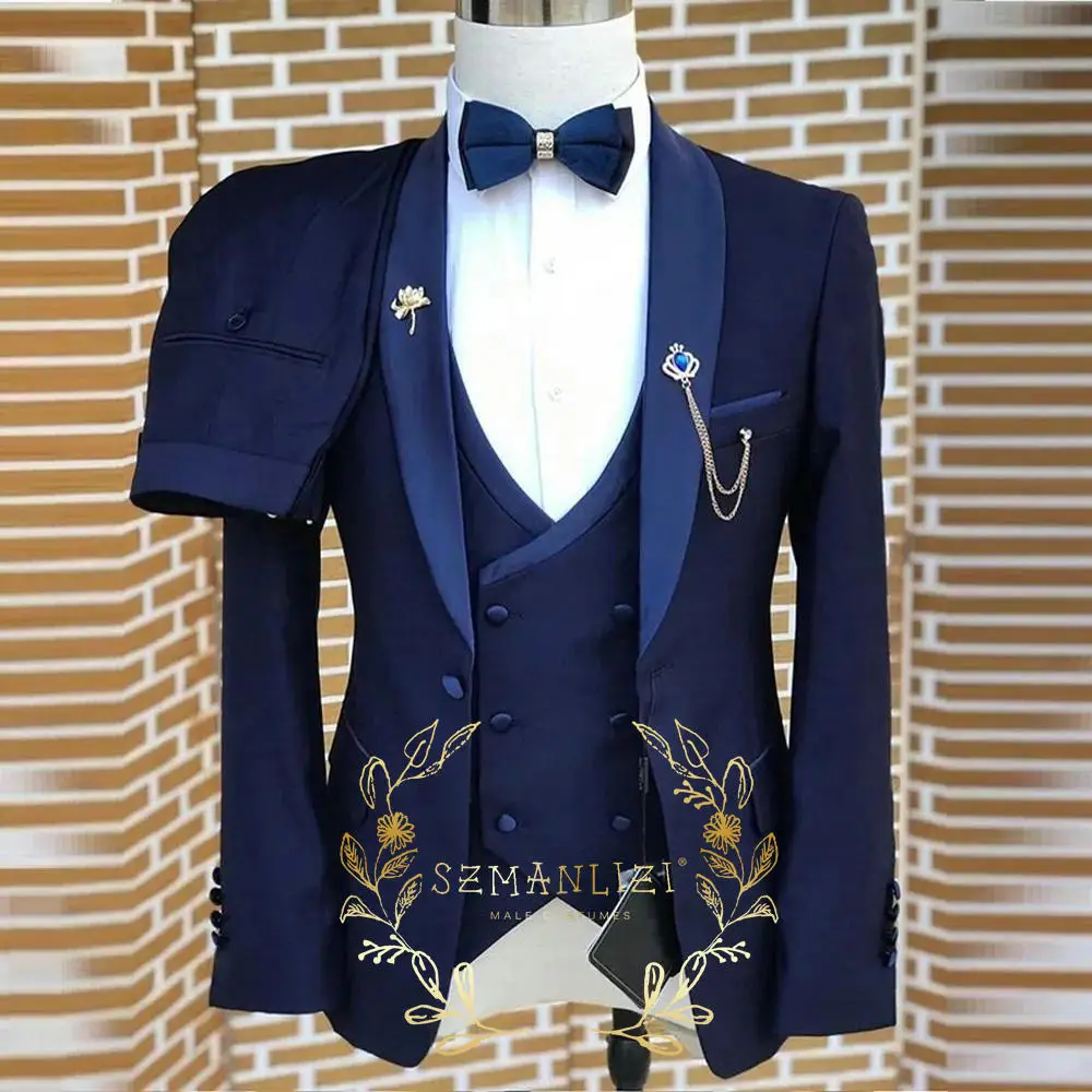 

Navy Blue Formal Men Suit 3 Pieces Tuxedos Shawl Lapel Groomsmen Wedding Suits Set Fashion Men Business Blazer Pants Vest