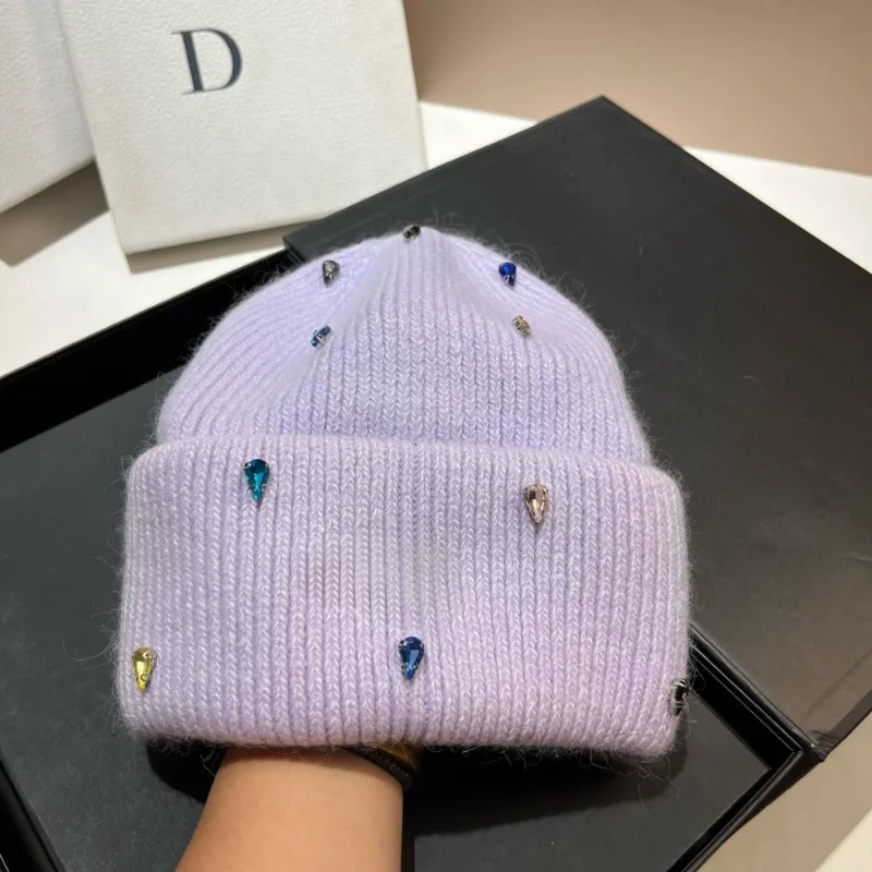 Shiny Fashion Warm Cashmere Wool Skullies Angola Rabbit Fur Winter Knitted Beanies Women Cap Female Three Fold Ski Outdoor Hats