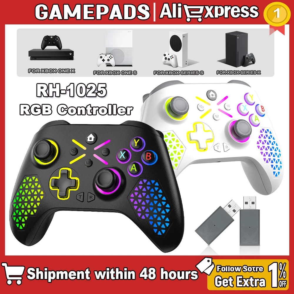 Controle RGB para Xbox One, Xbox Series S, Windows 7/8/10 com Bateria Recarregável Integrada e Vibração Dupla para PC