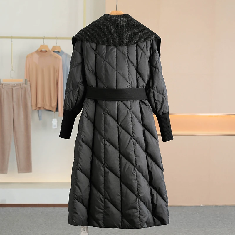 Long Goose down Jacket Knitted Splicing Collar Women's Elegant Style Winter Coat Warm Filling Large Sway Hem New Arrival