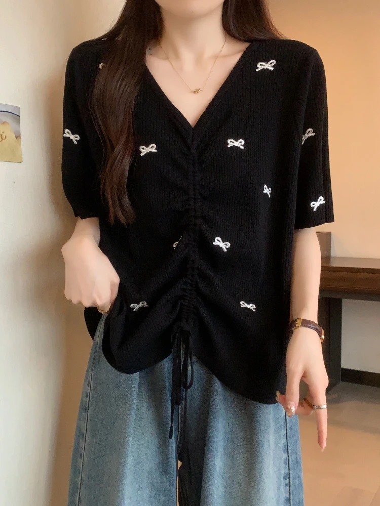 

Summer Ice Silk T-Shirt Women's V-neck Short-sleeve Drawstring Knot plus Size Slimming Belly Concealing Design Top